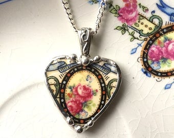 Broken china jewelry heart pendant beautiful pink roses, eco-friendly jewelry made from a recycled broken plate
