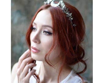 Moon tiara, silver crown, pearl headband, goddess headpiece, whimsical crown, medieval crown, leaf crown, bridal headpiece, hair accessories