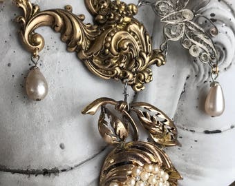 pearls and peony - vintage assemblage necklace flower floral butterfly art deco art nouveau bronze statement jewelry, the french circus