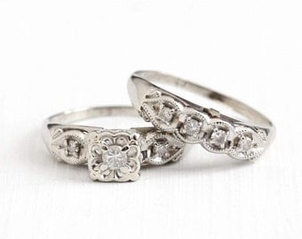 vintage 14k white gold 21 ctw diamond engagement ring wedding band set size - Vintage Wedding Ring Sets vintage 14k white gold 21 ctw diamond engagement ring wedding band set size - Vintage Wedding Ring Sets
