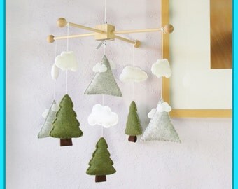 Baby Mobile, Mountain and Tree Mobile, Modern Nursery, Nature Themed Nursery, Pine Tree Baby Mobile, Olive Green Granite and White