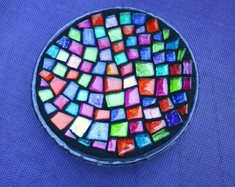 MOSAIC CANDLEHOLDER / TRIVET - 6.5" Round Glass Base - Vibrant, Multicolored Glass Tiles in a Rainbow of Colors / Unique - Ready to Ship!!