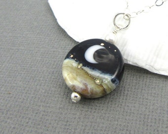 Moon necklace, Crescent moon pendant, Moon and stars pendant gift,Moon beach necklace,Lampwork bead necklace,Moon jewelry, Sterling silver