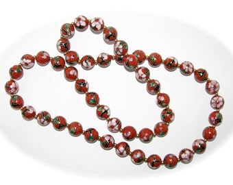 Vintage CLOISONNE RED Beaded NECKLACE Gold Pink Flower Black Green Accent 30 Inch