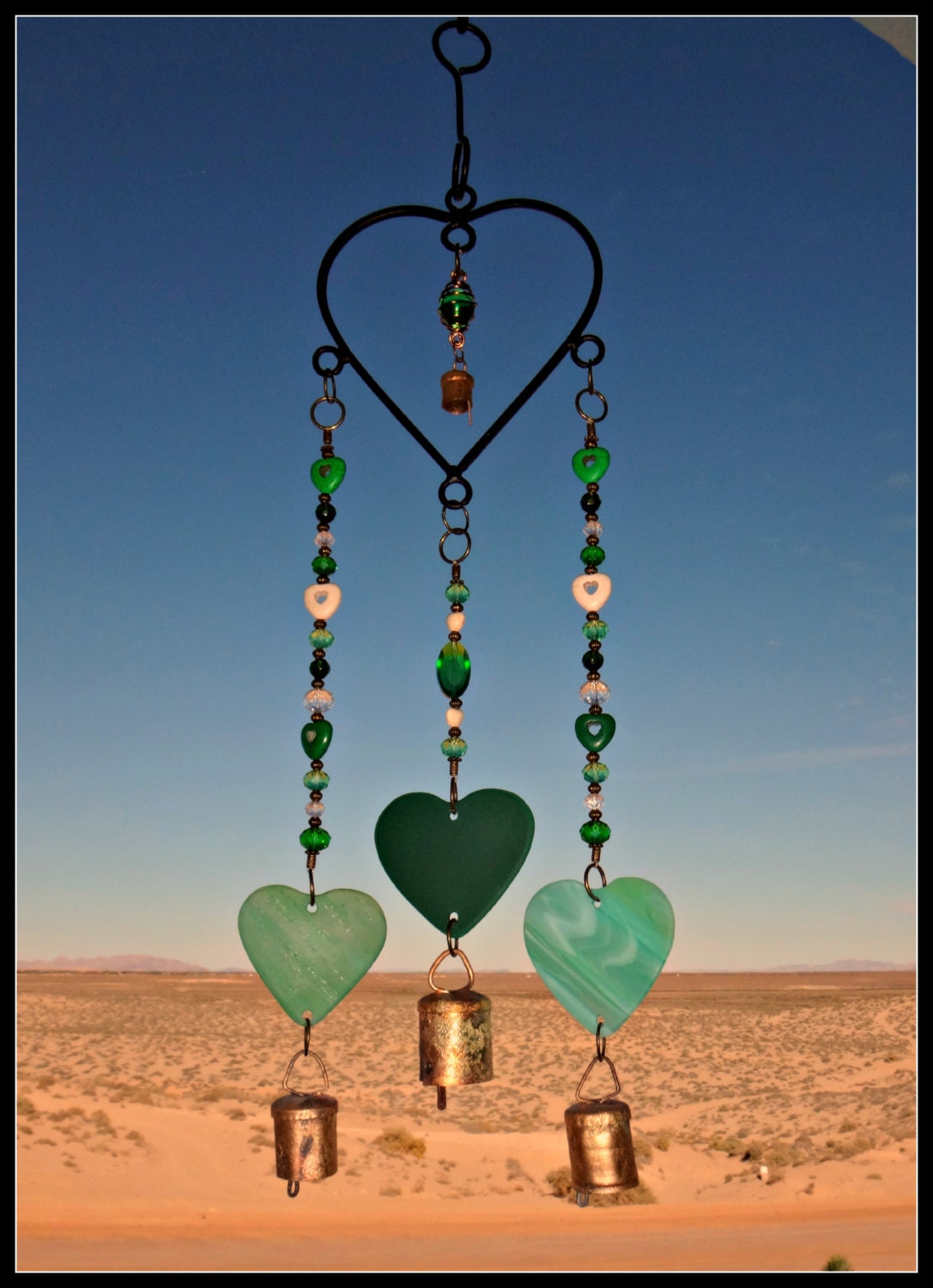 Stained Glass Heart wind chime wrought iron heart glass