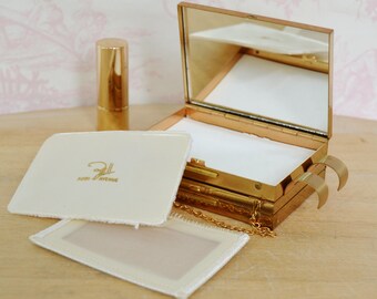 Vintage 1950s Compact Purse in Gold Tone Metal with Mirror and Lipstick Holder by Zell