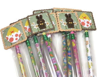 Easter pencil favors, classroom exchange, set of 12 pencil favors, candy alternative, easter favors, favor bag stuffers, chick and bunny