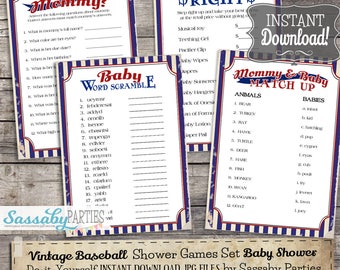 Vintage Baseball Baby Shower Games Pack - INSTANT DOWNLOAD - Baby Shower Printable Party Games, Price is Right, Who knows Mommy, Match Up