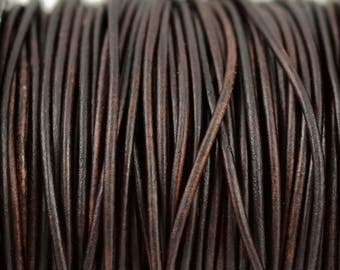 1.5mm Natural Antique Brown Leather Round Cord - Distressed Matte Finish
