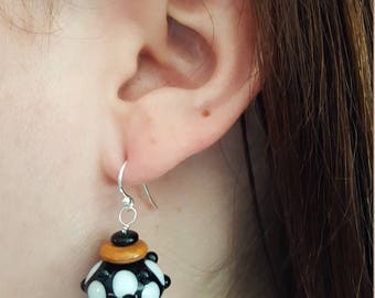 Black and White Lampwork Bead Earrings with Gold and Blue Ceramic Spacers