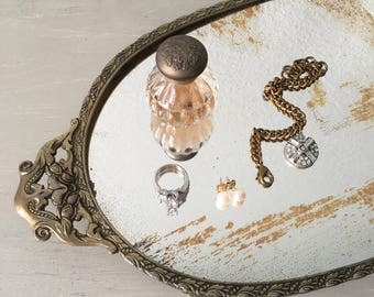 Mirrored Vanity tray / Silver Metal With Ornate Filigree / Handles and Footed / Made in Japan / Mirror / Patina