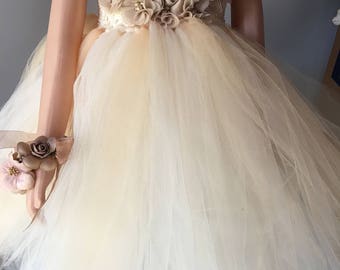 Rustic ivroy champagne flower girl dress flower girl tutu dress widding flower girl dress come with flower crown and bracelet all kids sizes