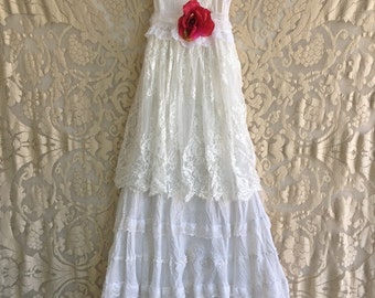 white & silver threaded tiered cotton and eyelash lace boho wedding dress by mermaid miss Kristin