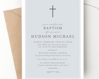 Classic Cross Baptism Invitation, Dedication Invite, Blue Christening Announcement, Modern Typography, Blue or Grey, Printed Invites or DIY