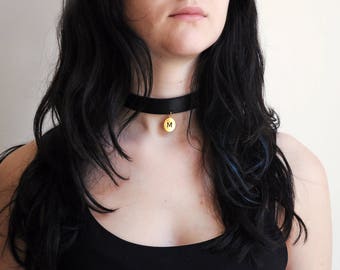 Personalized leather choker, Black choker necklace with gold color pendant