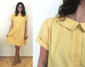 Vintage 1970's Yellow Peter Pan Collar Dress Size Medium/Large