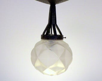 French Art Deco Wrought Iron Hanging Ceiling Light - Art Deco Motifs - White Globe - Original Art Deco - French Antique Lighting