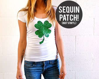 St Patricks Day Shirt Sequin Shamrock Fitted Tee T Shirt for Women Teens - Tumblr Tee Four Leaf Clover Graphic Tee Plus Size Available