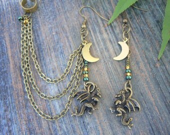 dragon ear cuff, fantasy ear cuff, cosplay, green, chained ear cuff SET, medieval, moon ear cuff, Renaissance, tribal fusion, earrings