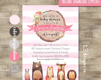 Woodland Baby Shower Invitation Printable, Instant Download. DIY PDF, woodland baby shower, forest animals, fall baby shower, baby girl