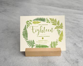 2018 Fern Desk Calendar with Wood Stand, Illustrated ferns, botanicals, fern fronds