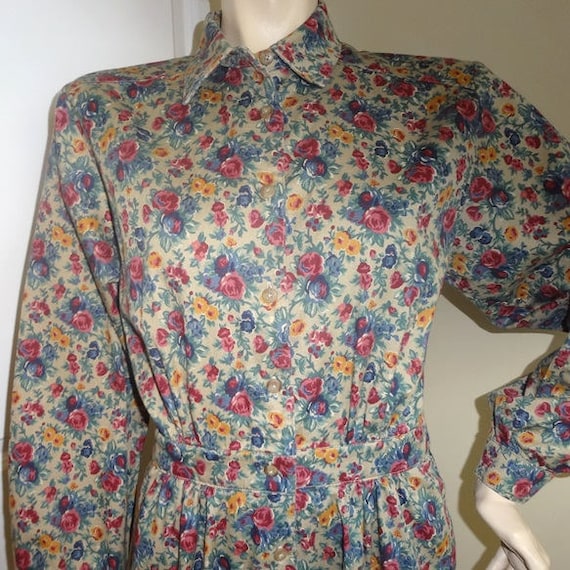 1980s Vintage Lands' End Shirtwaist FLoral Twill Dress