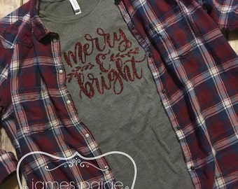 Women's Christmas T-Shirt, Merry & Bright Women's Holiday T-Shirt, Christmas Shirt for Women