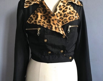 Jean Paul Gaultier moto jacket leopard vtg JPG Paris fitted cropped black motorcycle jacket vintage Gaultier crop double breasted jacket