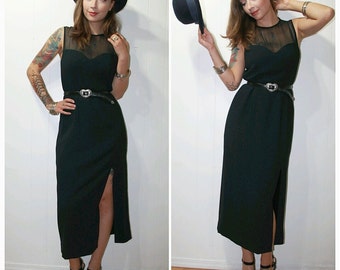 1980s Vintage Little Black Dress with Sweet Heart Neckline and Side Slit Mid Length Skirt