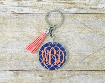 Monogram keychain with tassel, monogram tassel keychain, acrylic keychain, tassel keychain, monogram keychain, gift for her, circle mongoram