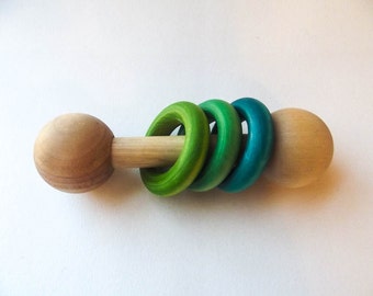 Wooden Rattle | Teething Toy | Organic Baby Gift | Baby Shower Gift | Blue Green Baby Gift