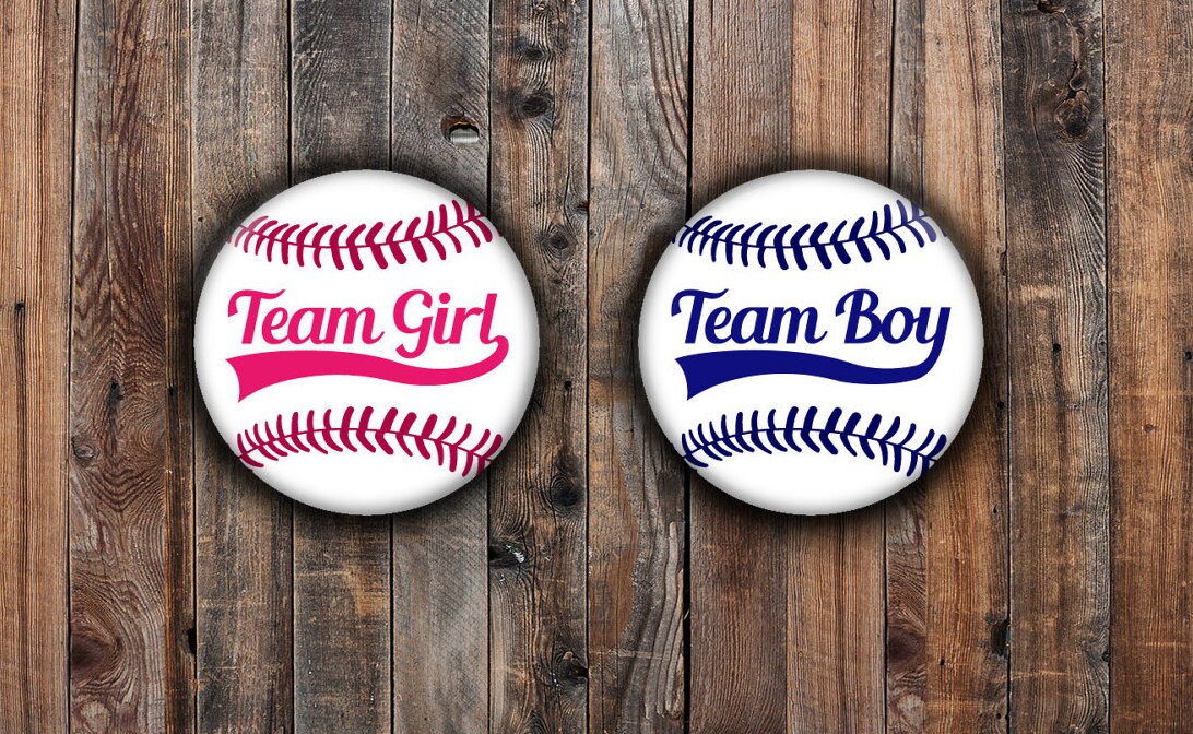 Download Baseball gender reveal pins. Team Girl and Team boy. Pink