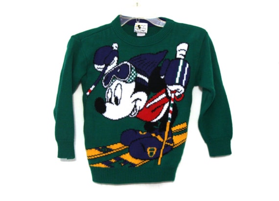 Vintage 80s Mickey Christmas sweater kids green skiing ski