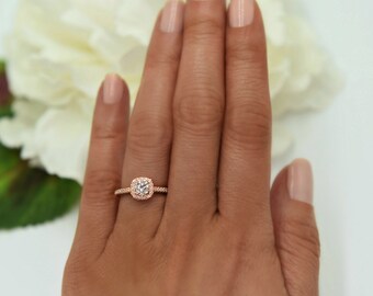 3/4 ctw Classic Square Halo Engagement Ring, Man Made Diamond Simulant, Half Eternity Ring, Promise Ring, Sterling Silver, Rose Gold Plated