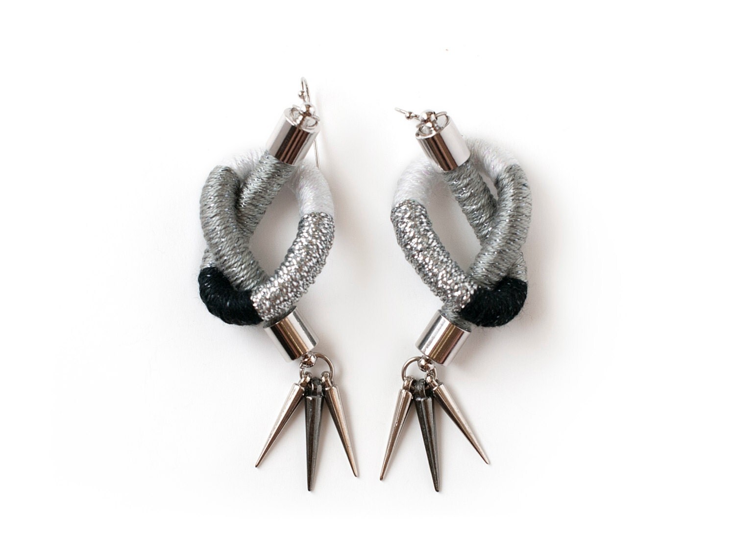 Silver party earrings Rope statement earrings Dangle spike