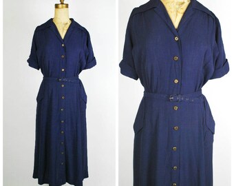1940's Dress - 40's Day Dress - Blue Gaberdine Minimalist Dress - Size L/XL