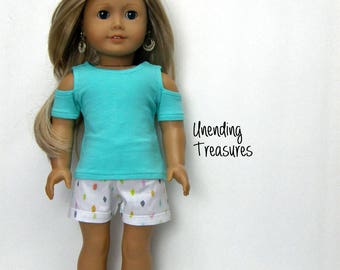 18 inch doll clothes AG doll clothes made to fit like American Girl doll clothes aqua cold shoulder top and cuffed shorts