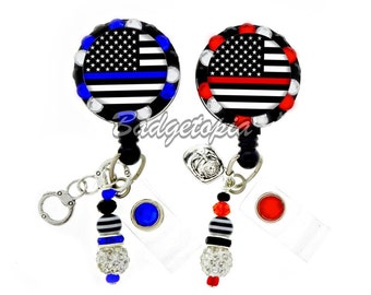 Thin Blue Line and Thin Red Line ID Badge Reel - Personalized Rhinestone Nurse Badge Holder, EMT, Firefighter, Police Officer (E319)