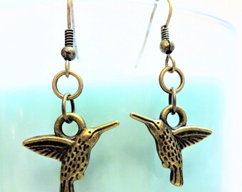 HUMMINGBIRD EARRINGS - Choose silver or bronze humming bird earrings - silver tone earrings will have surgical stainless steel ear wires