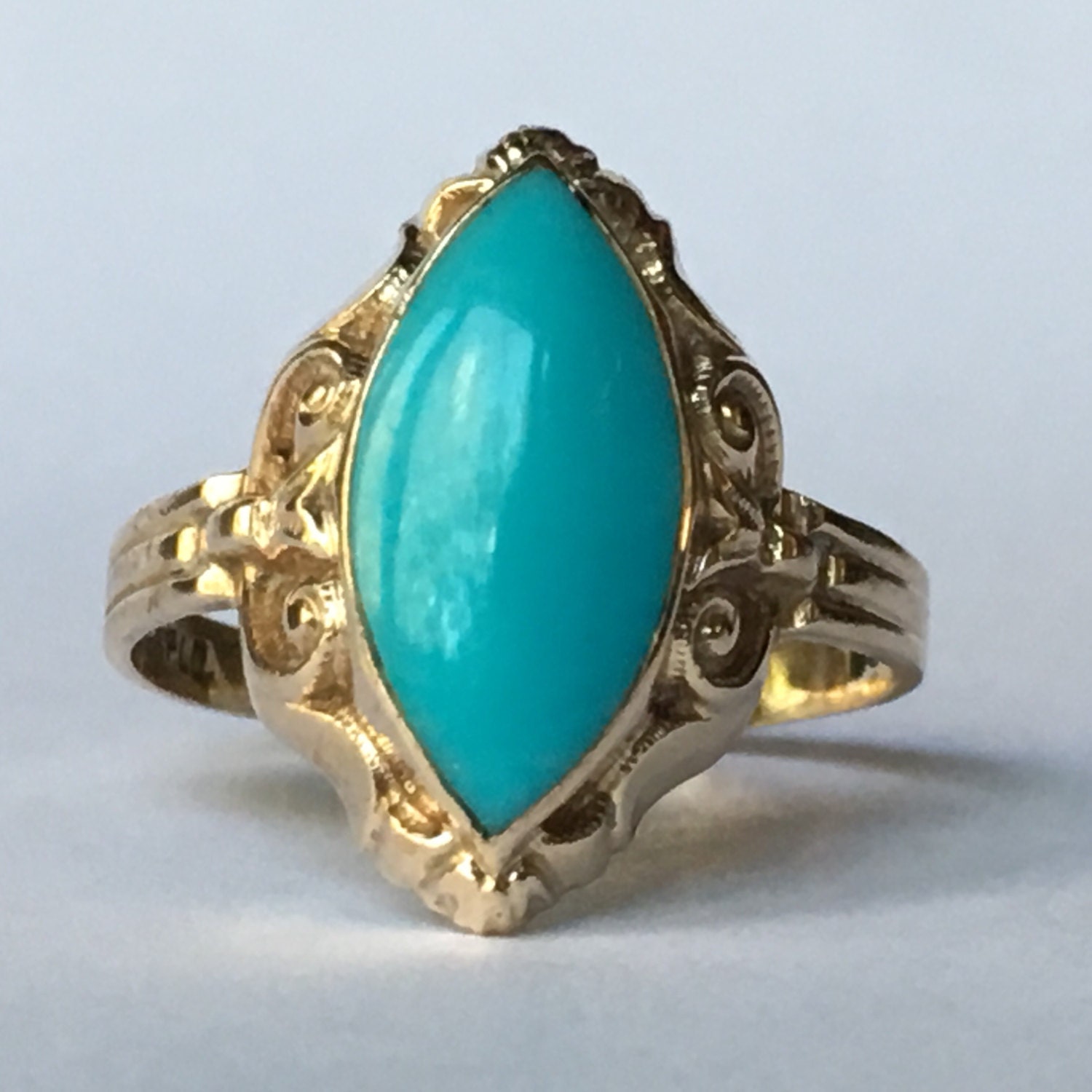 Antique Turquoise  Ring  10K Yellow Gold Art Nouveau Ring  