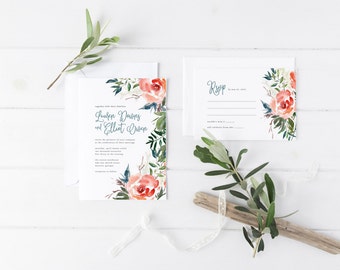 Printable Wedding Invitation Set | Floral Wedding Invitation Suite | Botanical Invitation Set | Invitation, RSVP, Details Card | WI-028