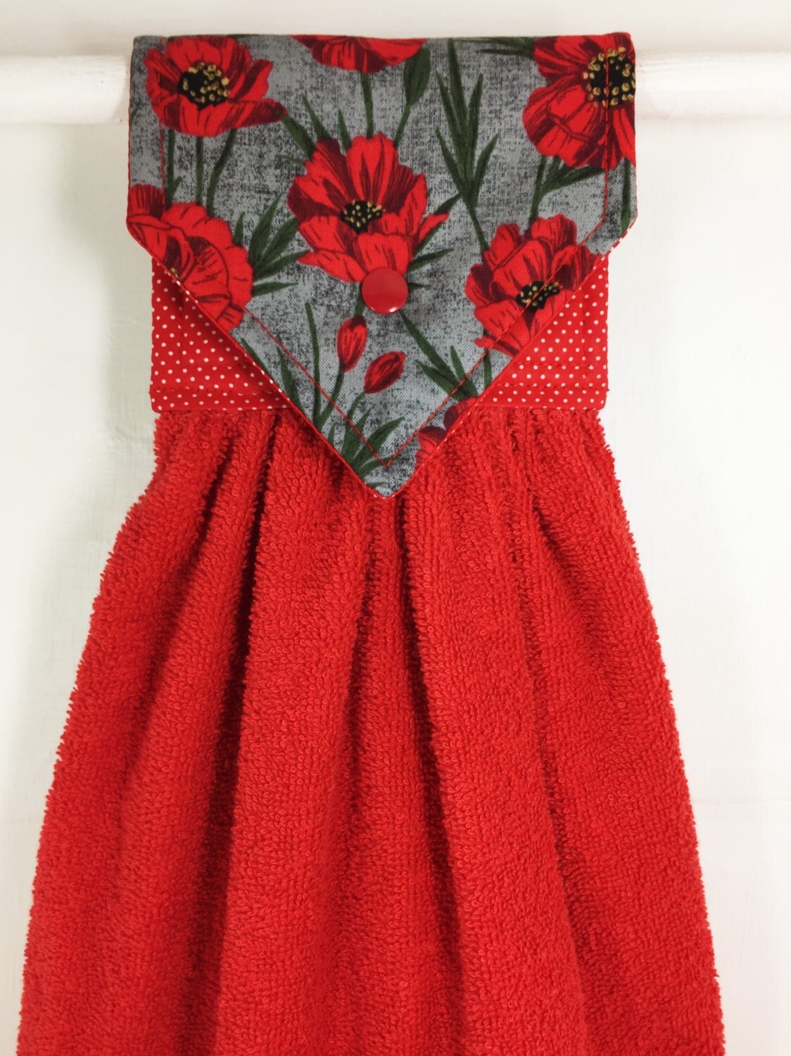 Poppies Hanging Hand Towel Red and Gray Hanging Towel Gray