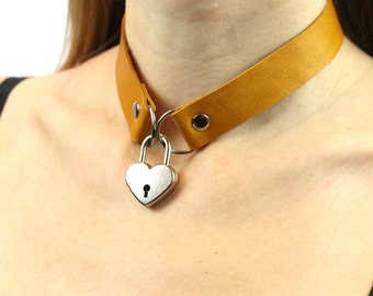 Yellow leather choker collar Submissive jewelry Mustard yellow choker necklace leather Heart padlock with keys Bdsm slave collar discreet