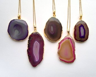 Purple Agate Slice Necklace Purple Agate Pendant Gold Edge Agate Jewelry Geode Slice Gold Dipped Jewerly Mineral Geode Necklace Agate Boho