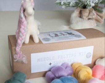 Baby unicorn beginners needle felting kit with extra supplies, British wool, step by step instructions included.