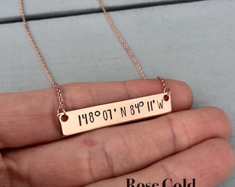 ROSE GOLD Bar Necklace, Coordinates Necklace, Long Distance Relationship, Hand Stamped Necklace, Rose Gold Necklace, Personalized Gift