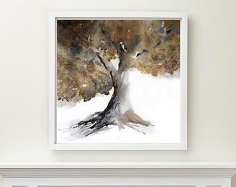 Tree Painting, Tree Print, Tree Art Print, Tree Artwork, Tree Watercolor Print Wall Art, Wall Decor, Square Print Art, Brown Illustration