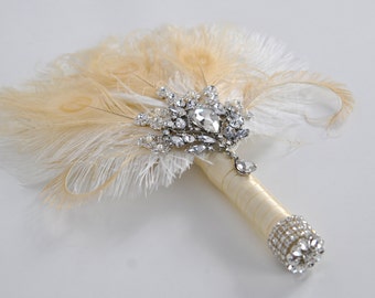 Bridal brooch Bouquet Ostrich alternative Feather Fan Bridal Bouquet Ivory Great Gatsby 1902s chic art deco wedding Roaring 20's bouquet