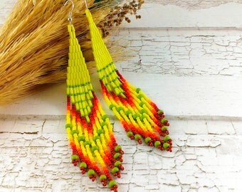 Chandelier earrings Dangle earrings Statement earrings Long earrings Beaded earrings Tassel earrings Bohemian earrings Canary yellow