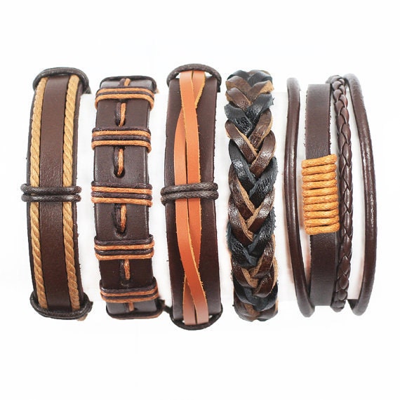 5 Piece Handmade Leather Bracelet Set Mens Womens Braided Wrap